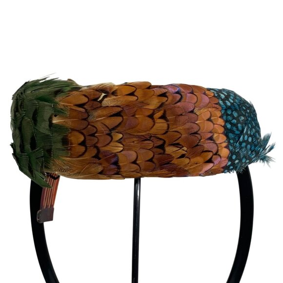 Vibrant Multicolor Pheasant Peacock Feathered Halo Wreath Band Church Derby Hat - Picture 1 of 10